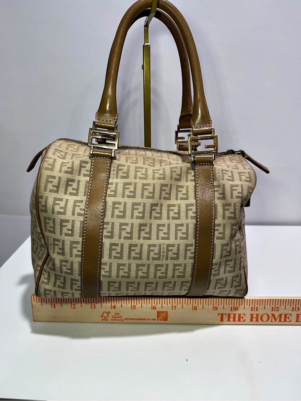 Vintage Fendi Zucchino FF Monogram Boston Bag Beige Tan Canvas Leather - Picture 11 of 12